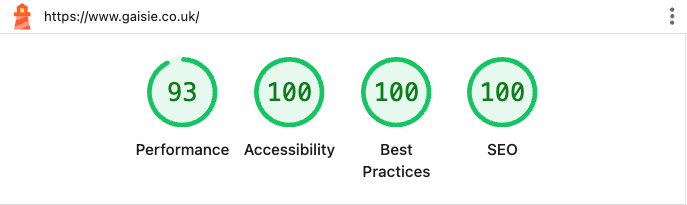Lighthouse rating percentages: 93 for performance, 100 for accessibility, 100 for best practices & 100 for SEO